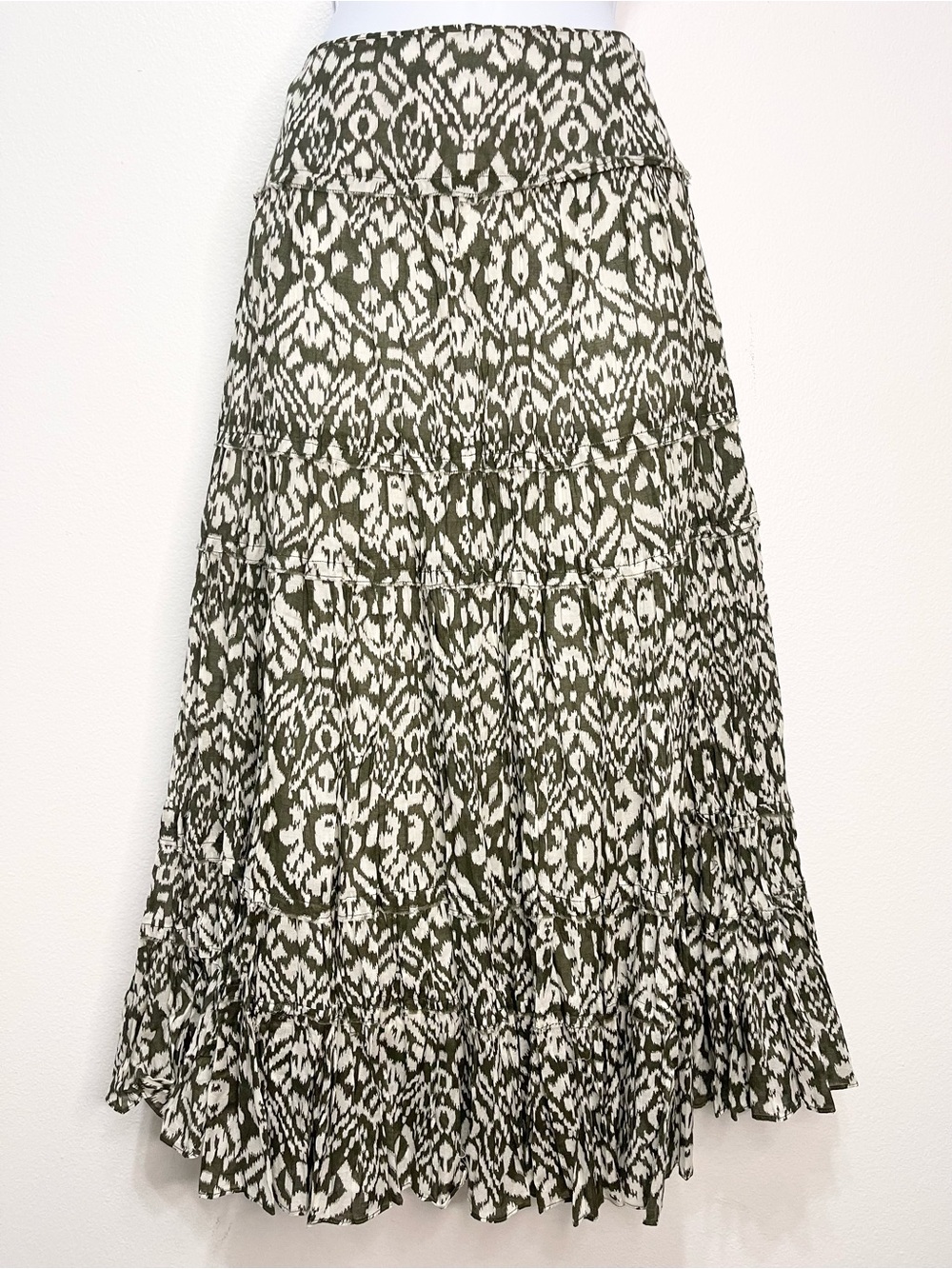Jones New York Boho Cotton Olive Green & Cream Printed Maxi Skirt Sz 10 Waist 16